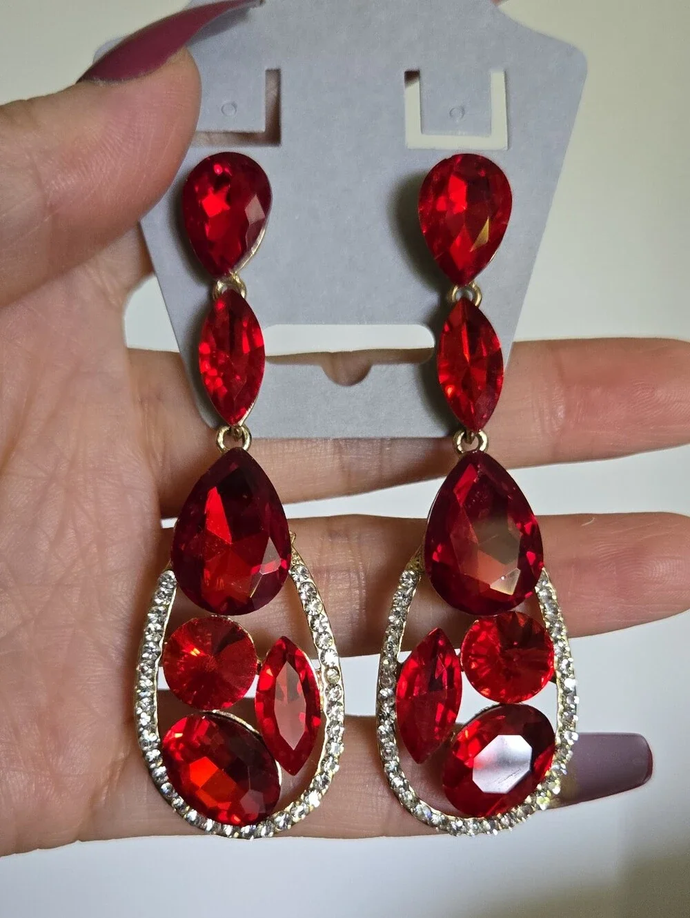 Red Teardrop Crystal Drop Earrings